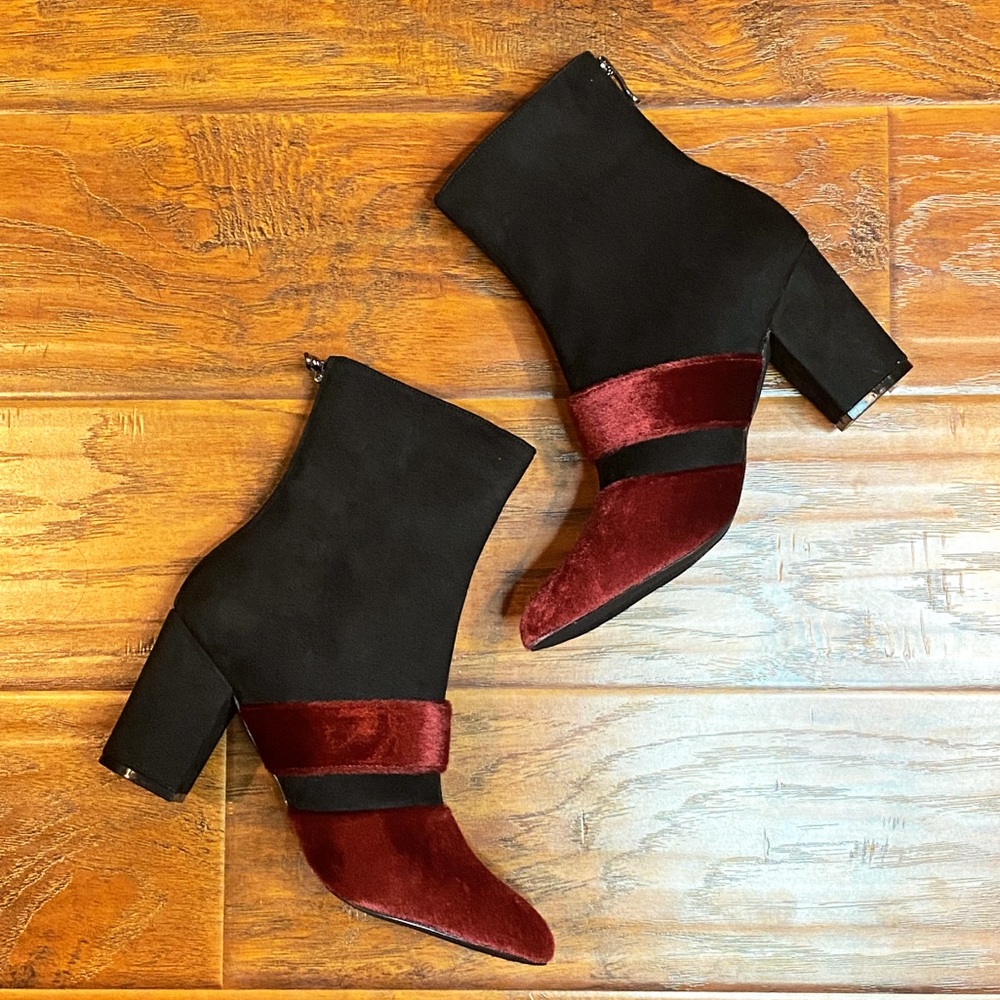 Black-Red Velvet Suede Ankle Booties - Picture 2 of 6